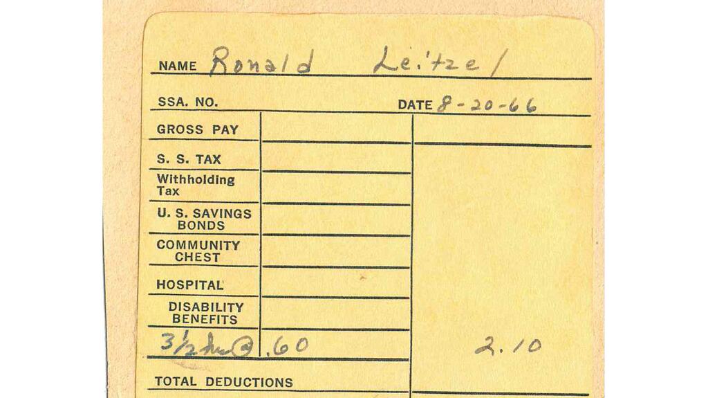 A pay stub Ron received while working at Leitzel’s Jewelry and Gifts in 1966 Ron Leitzel’s Pay Stub